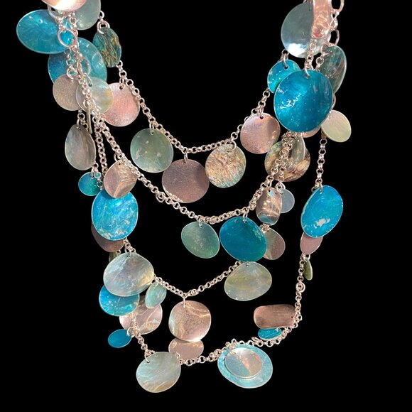 Boho Layered Shell Disc Necklace Earrings Set Blue Beachy Statement Jewelry - Picture 3 of 10